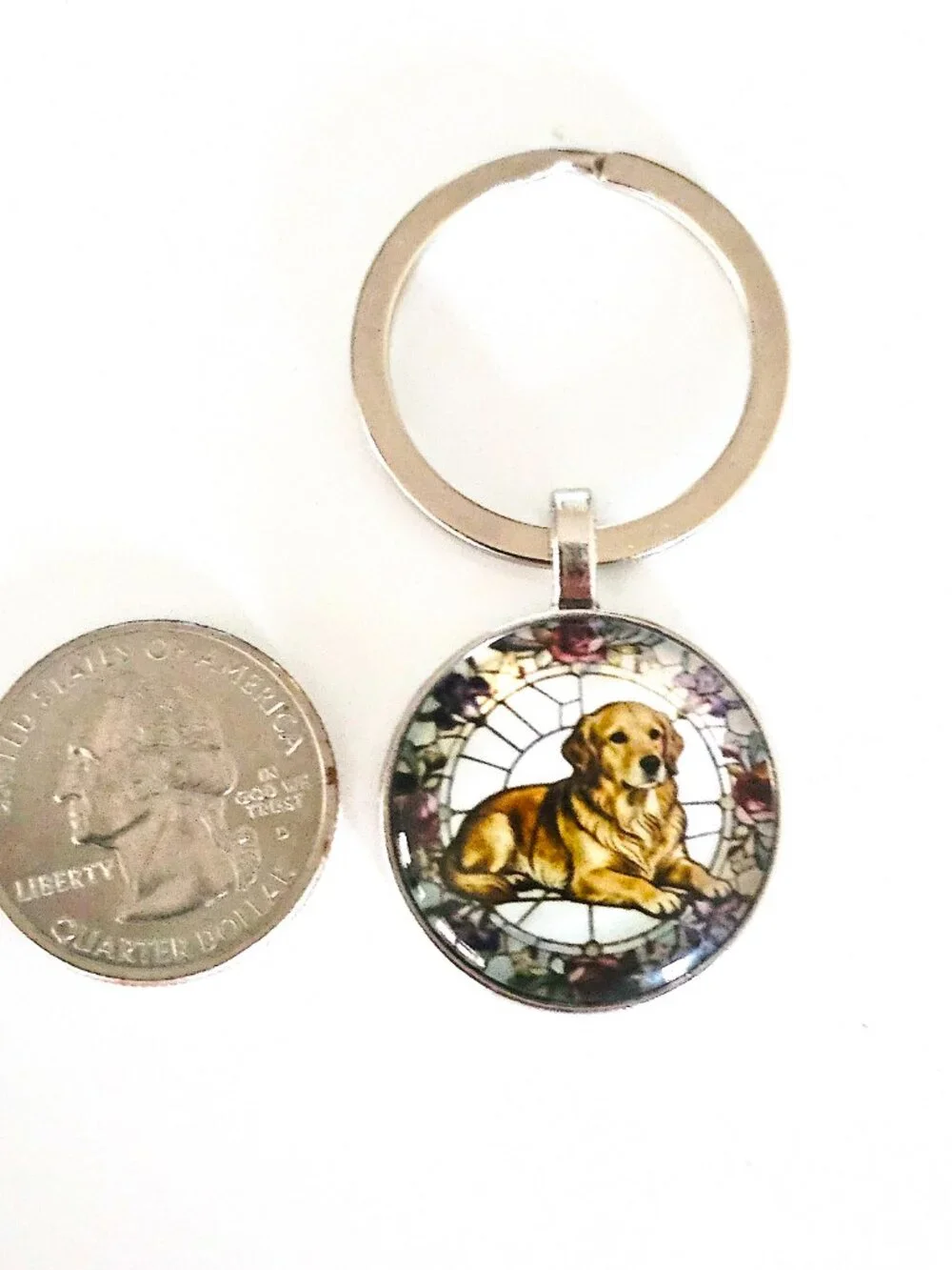 Golden Retriever Keychain Round Glass Cabochon Dog Lover Gift Silver Tone Charm